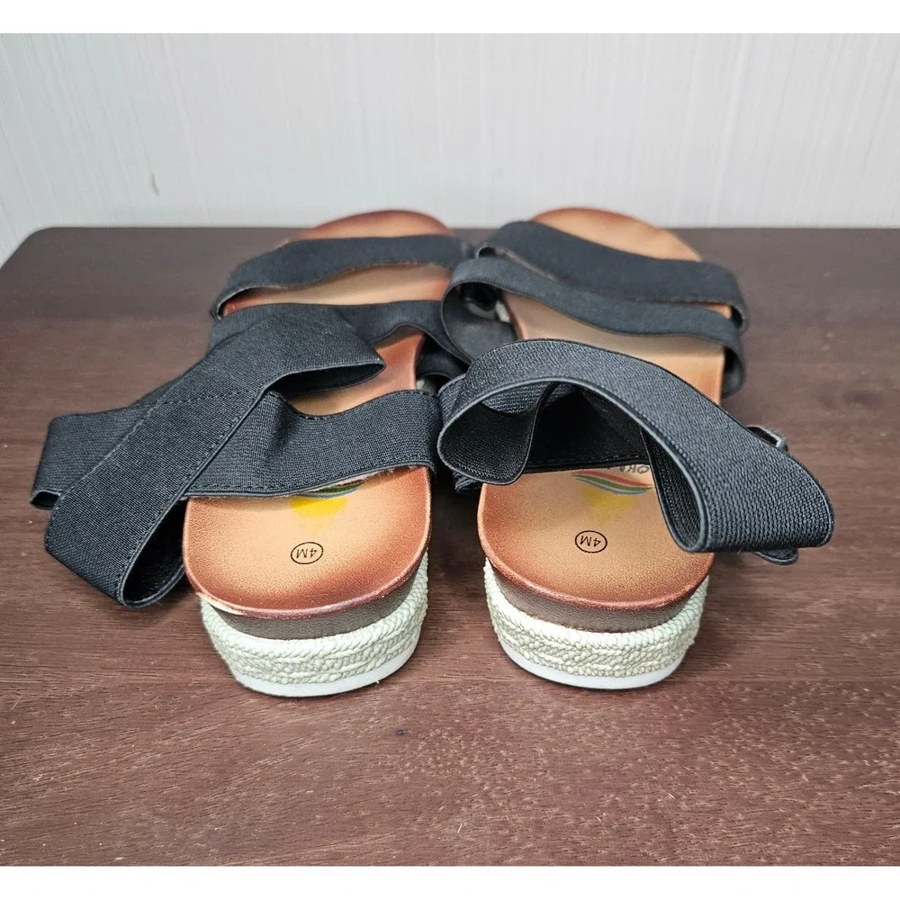 Aloha Island Sandals Women 4M Black Elastic Strappy Platform Espadrille Comfort